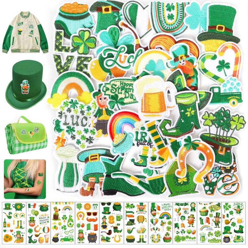 Meneng St. Patrick's Day Iron On Patches: 45PCS Embroidered Patches with Tattoo Stickers Stick on Face Hands - Cute Shamrock Irish Patch DIY Crafts for Clothing Hats Shirts Jackets Jeans Dress - Image 1