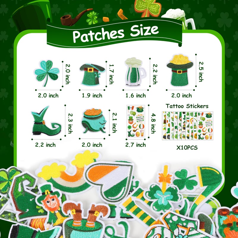 Meneng St. Patrick's Day Iron On Patches: 45PCS Embroidered Patches with Tattoo Stickers Stick on Face Hands - Cute Shamrock Irish Patch DIY Crafts for Clothing Hats Shirts Jackets Jeans Dress - Image 5