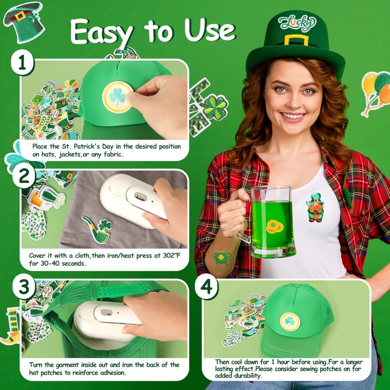 Meneng St. Patrick's Day Iron On Patches: 45PCS Embroidered Patches with Tattoo Stickers Stick on Face Hands - Cute Shamrock Irish Patch DIY Crafts for Clothing Hats Shirts Jackets Jeans Dress - Image 3