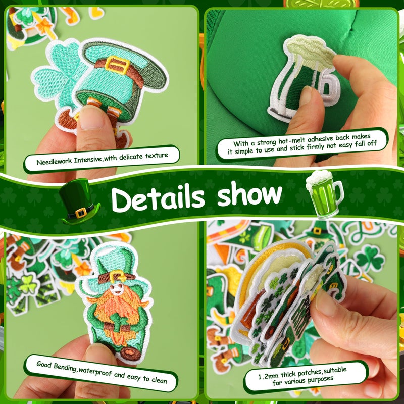 Meneng St. Patrick's Day Iron On Patches: 45PCS Embroidered Patches with Tattoo Stickers Stick on Face Hands - Cute Shamrock Irish Patch DIY Crafts for Clothing Hats Shirts Jackets Jeans Dress - Image 4