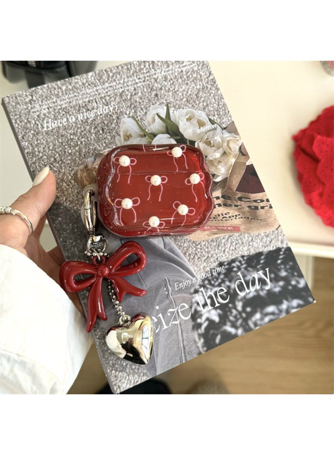 Wine Red Bow Airpods Pro4 Generation Headset Protective Cover For Apple Bluetooth Headset 3 Generation/Pro2-Color:Imd Burgundy Bow + Pearls-Applicable Models:Airpods Pro2 - Image 1