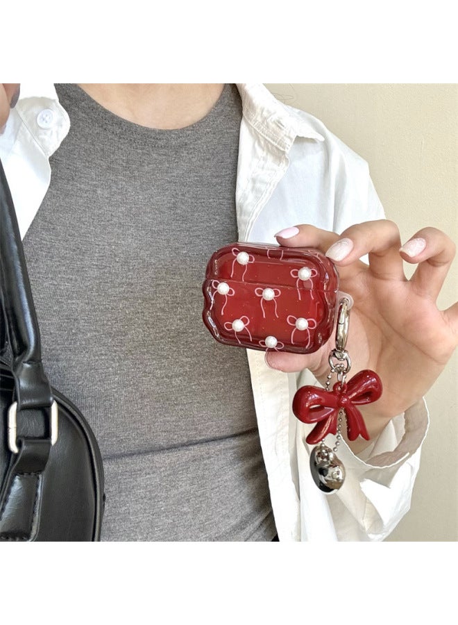 Wine Red Bow Airpods Pro4 Generation Headset Protective Cover For Apple Bluetooth Headset 3 Generation/Pro2-Color:Imd Burgundy Bow + Pearls-Applicable Models:Airpods Pro2 - Image 2