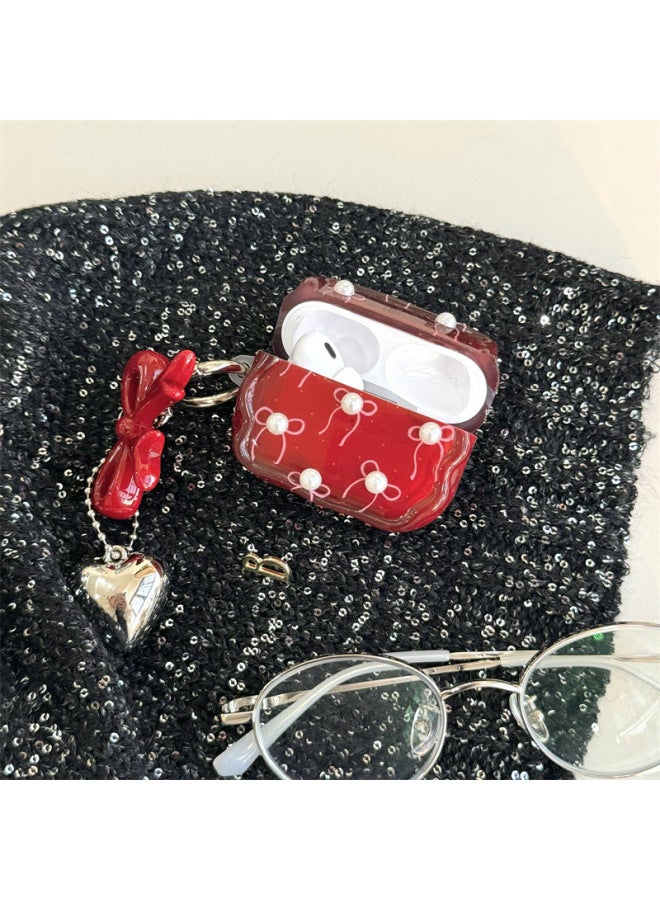 Wine Red Bow Airpods Pro4 Generation Headset Protective Cover For Apple Bluetooth Headset 3 Generation/Pro2-Color:Imd Burgundy Bow + Pearls-Applicable Models:Airpods Pro2 - Image 4