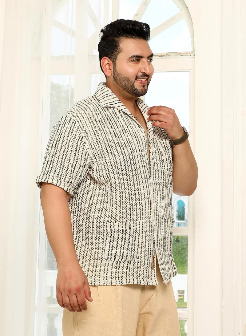 Instafab Plus  Men's Off-White & Indigo Blue Striped Crochet Shirt for Men | Best Price UAE