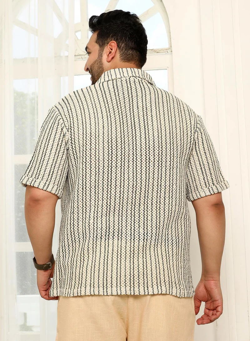 Instafab Plus  Men's Off-White & Indigo Blue Striped Crochet Shirt for Men | Best Price UAE