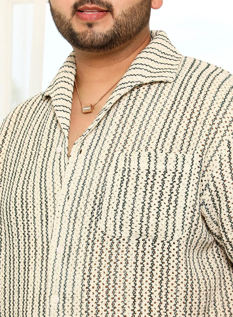 Instafab Plus  Men's Off-White & Indigo Blue Striped Crochet Shirt for Men | Best Price UAE