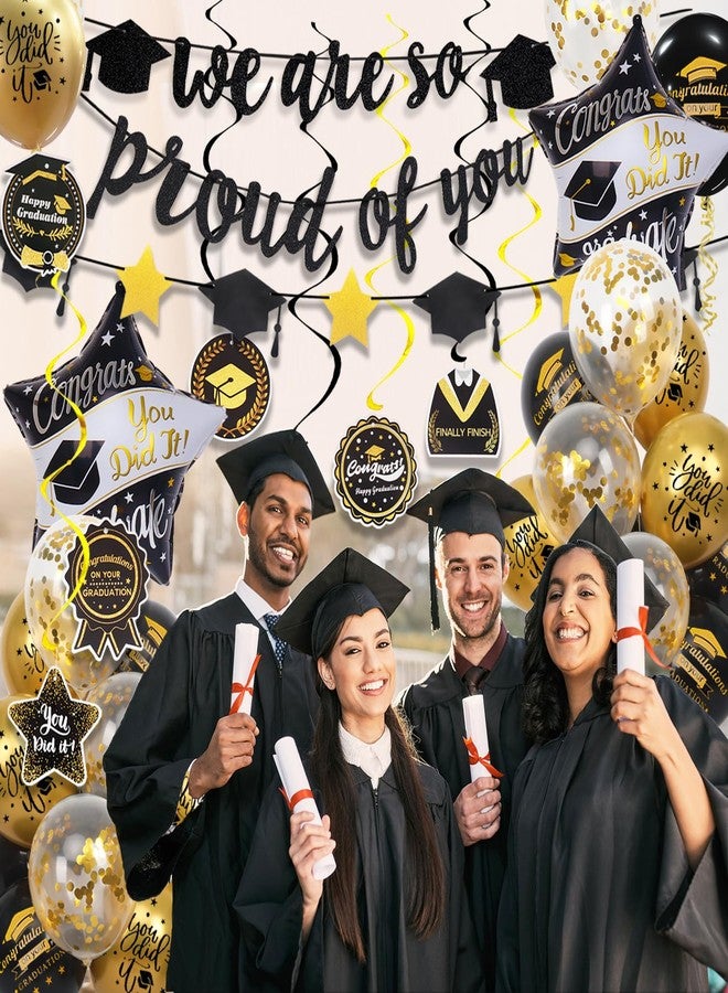 Douvelue Graduation Decorations Class of 2025, Black and Gold Graduation Balloons with Hanging Swirl, We are So Proud of You Banner, Congrats Grad Garland Party Supplies - Image 3
