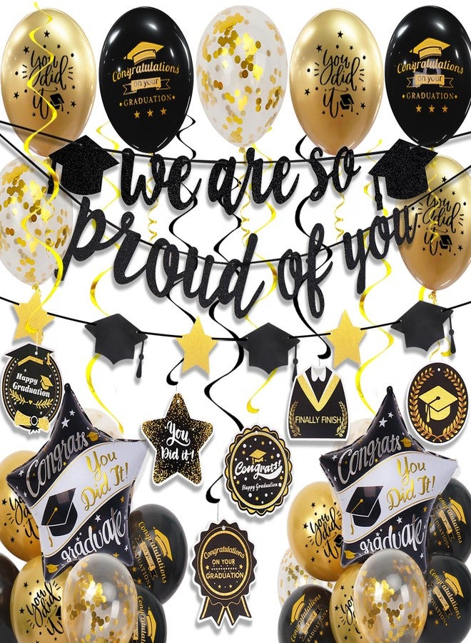 Douvelue Graduation Decorations Class of 2025, Black and Gold Graduation Balloons with Hanging Swirl, We are So Proud of You Banner, Congrats Grad Garland Party Supplies - Image 1