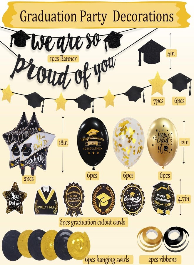 Douvelue Graduation Decorations Class of 2025, Black and Gold Graduation Balloons with Hanging Swirl, We are So Proud of You Banner, Congrats Grad Garland Party Supplies - Image 2