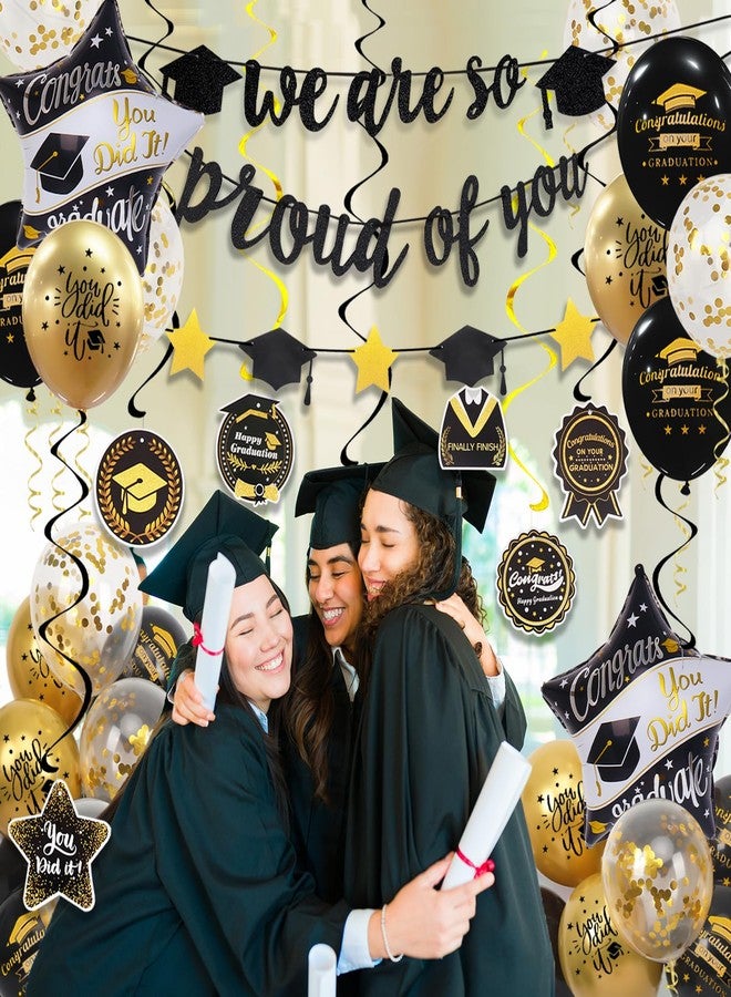 Douvelue Graduation Decorations Class of 2025, Black and Gold Graduation Balloons with Hanging Swirl, We are So Proud of You Banner, Congrats Grad Garland Party Supplies - Image 5