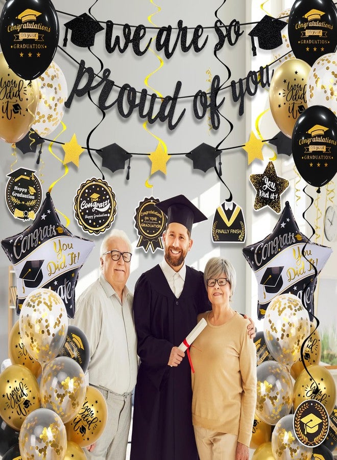 Douvelue Graduation Decorations Class of 2025, Black and Gold Graduation Balloons with Hanging Swirl, We are So Proud of You Banner, Congrats Grad Garland Party Supplies - Image 4