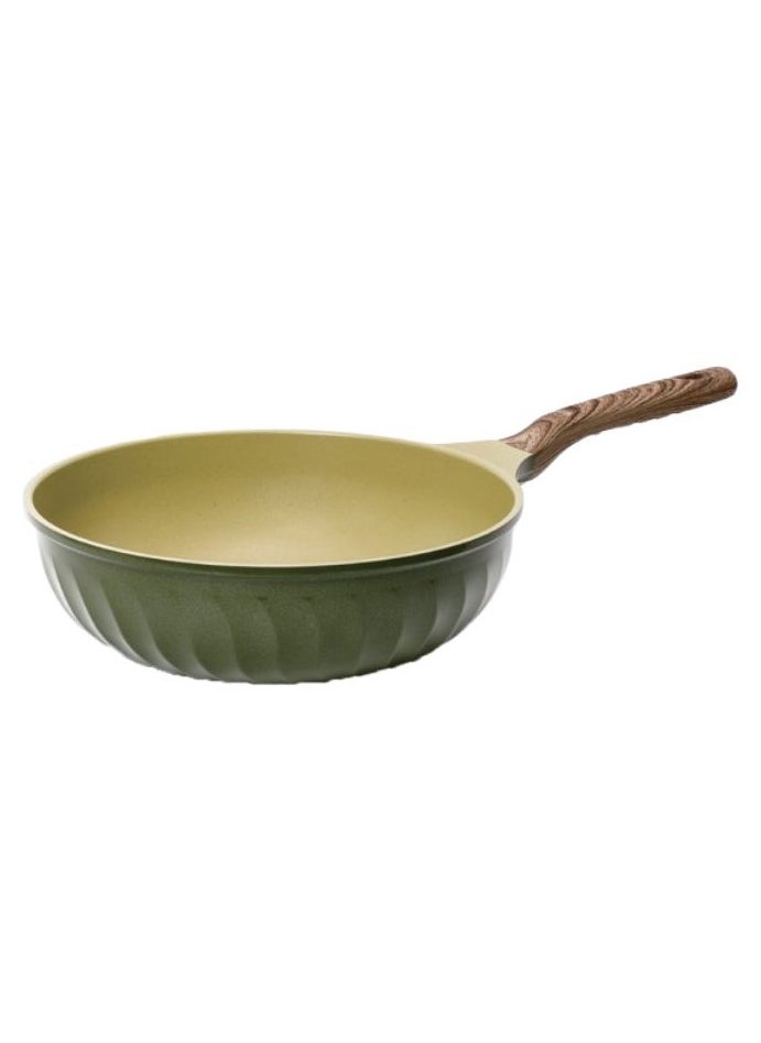 Four Seasons FOUR SEASONS Olive Green Wood Wok Pan 30cm, Suitable for all stoves, Ultra Non-stick with added Durability, 100% Safe PFOA Free, Super Megastone Coating, Made in Korea  - Image 1