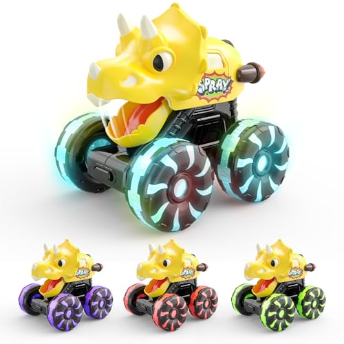 Intoypad Yellow Triceratops Dino Monster Truck Toddler Push Car Toy with LED Wheels Press Go Dinosaur Toy Vehicle for Kids Ages 2 3 4 5 Chomping Mouth LightUp Action Toy for Boys Girls - Image 1
