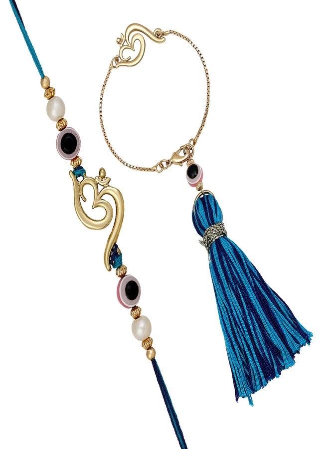 Mahi Couple Rakhi for Brother and Bhabhi with Evil Eye and Om Bracelet style Lumba - Bhaiya Bhabhi Rakhi Set Combo (RCOL1105543G) - Image 1