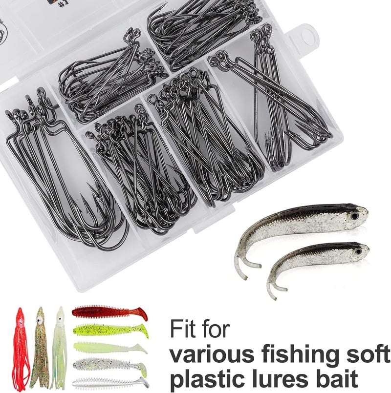 UCEC Fishing Hooks, 140PCS/ 100PCS/ 60PCS EWG Offset Worm Hooks Bass Hooks Wide Gap 2X Strong Senko Bait Texas Rig Jig Fish Hooks for Bass Trout Saltwater Freshwater Size:#4#2#1 1/0 2/0 3/0 4/0 5/0 - Image 5