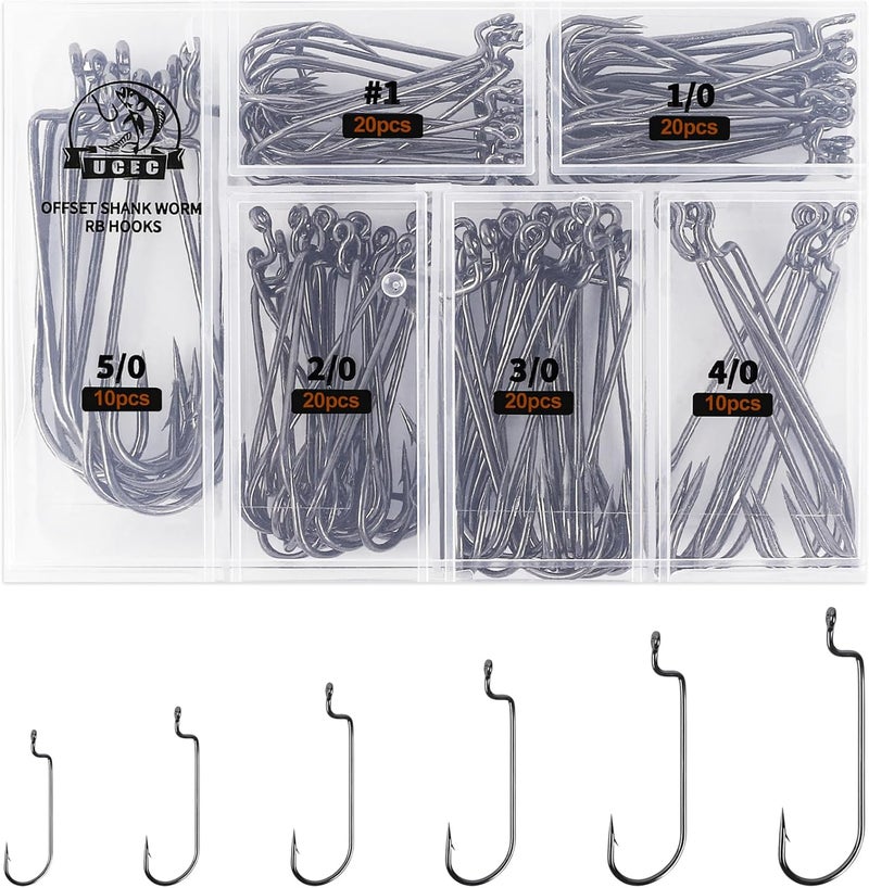 UCEC Fishing Hooks, 140PCS/ 100PCS/ 60PCS EWG Offset Worm Hooks Bass Hooks Wide Gap 2X Strong Senko Bait Texas Rig Jig Fish Hooks for Bass Trout Saltwater Freshwater Size:#4#2#1 1/0 2/0 3/0 4/0 5/0 - Image 1