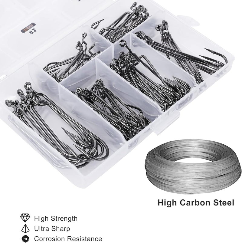 UCEC Fishing Hooks, 140PCS/ 100PCS/ 60PCS EWG Offset Worm Hooks Bass Hooks Wide Gap 2X Strong Senko Bait Texas Rig Jig Fish Hooks for Bass Trout Saltwater Freshwater Size:#4#2#1 1/0 2/0 3/0 4/0 5/0 - Image 4