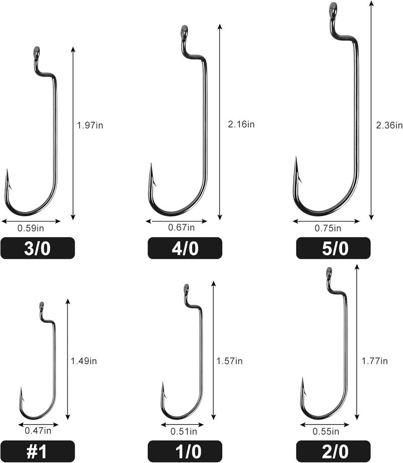 UCEC Fishing Hooks, 140PCS/ 100PCS/ 60PCS EWG Offset Worm Hooks Bass Hooks Wide Gap 2X Strong Senko Bait Texas Rig Jig Fish Hooks for Bass Trout Saltwater Freshwater Size:#4#2#1 1/0 2/0 3/0 4/0 5/0 - Image 3