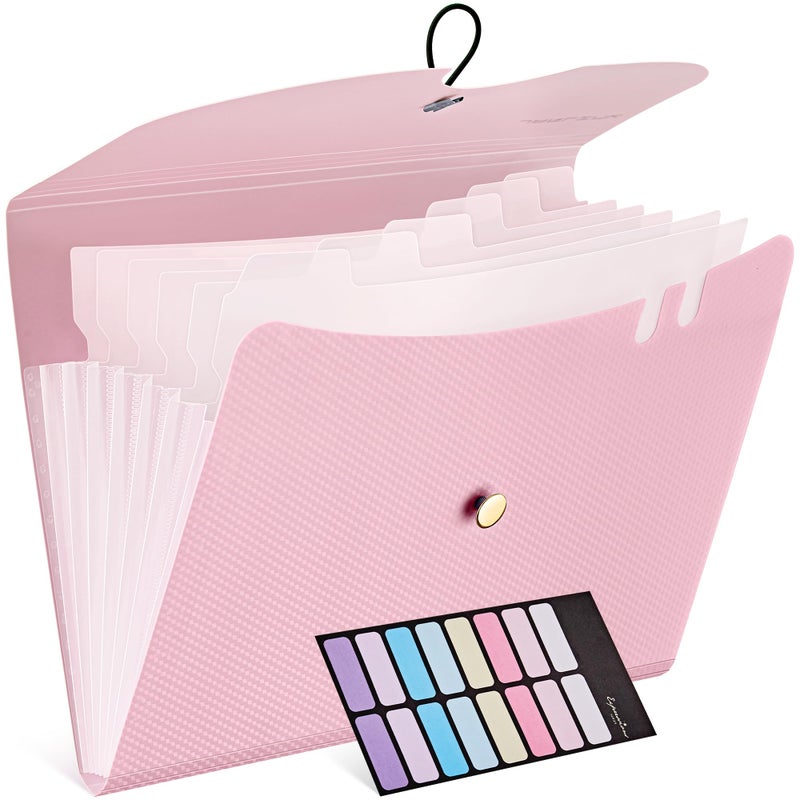 JARLINK 7 Pockets Expanding File Folder, A4 Size Accordion File Folders with 12 Labels, Cute Paper Organizer, Portable Document Organizer for Home College School Office Supplies, Macaron Pink - Image 1
