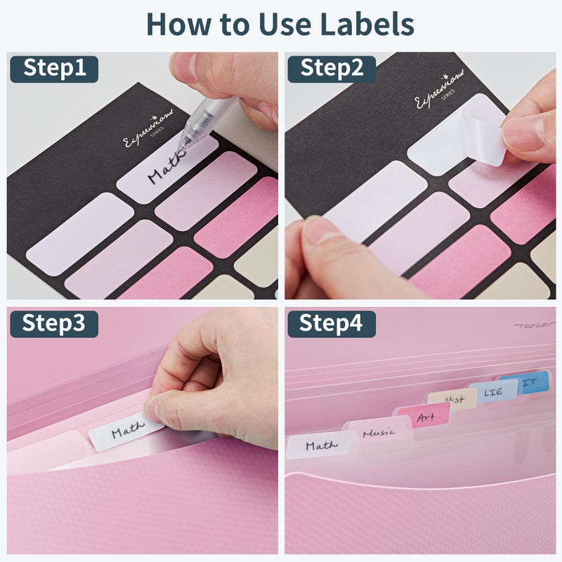 JARLINK 7 Pockets Expanding File Folder, A4 Size Accordion File Folders with 12 Labels, Cute Paper Organizer, Portable Document Organizer for Home College School Office Supplies, Macaron Pink - Image 3