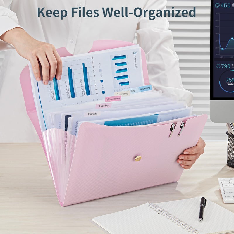 JARLINK 7 Pockets Expanding File Folder, A4 Size Accordion File Folders with 12 Labels, Cute Paper Organizer, Portable Document Organizer for Home College School Office Supplies, Macaron Pink - Image 4