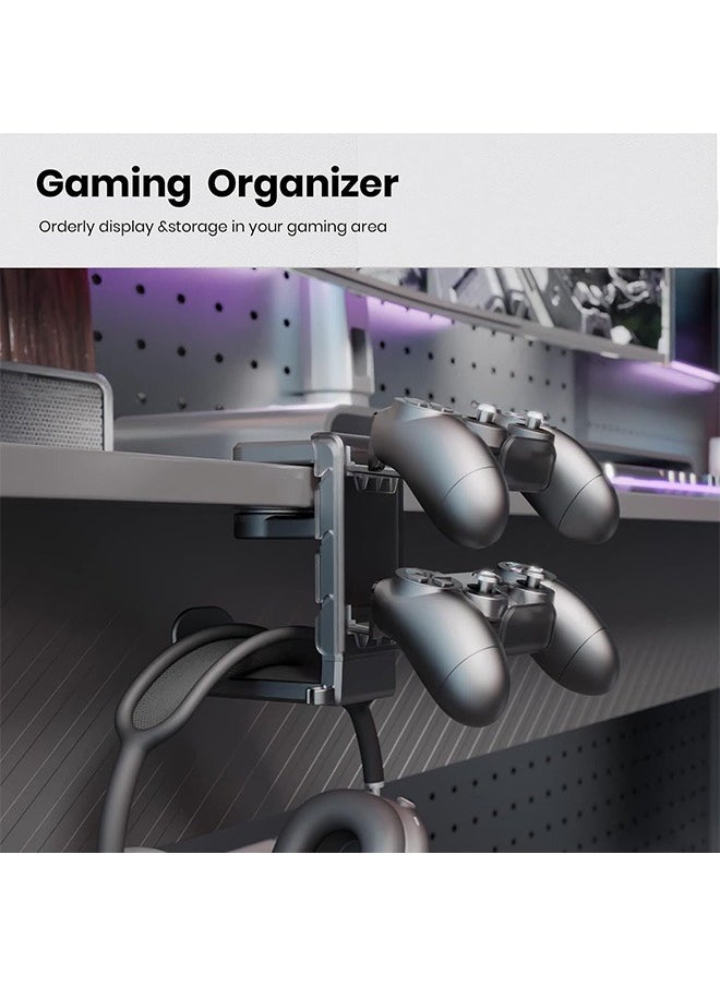 Hihonor - 3-in-1 PC Gaming Headset Controller Holder - Headphone Stand /Adjustable Clamp 2 Controller Holder Rotating Arm Cable Organizer, Universal PC Gaming Accessory Controller Headset Stand-Black - Image 1