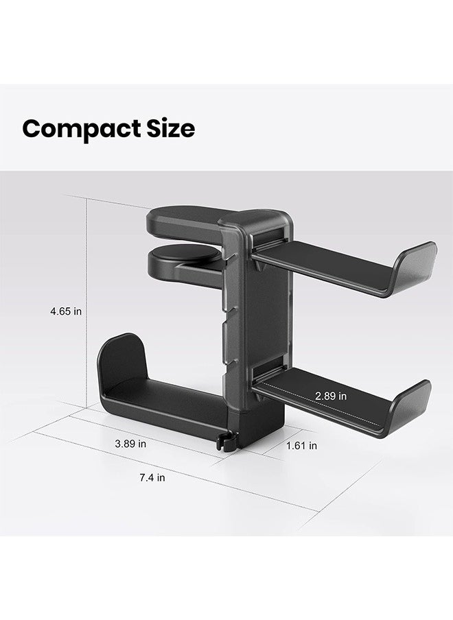 Hihonor - 3-in-1 PC Gaming Headset Controller Holder - Headphone Stand /Adjustable Clamp 2 Controller Holder Rotating Arm Cable Organizer, Universal PC Gaming Accessory Controller Headset Stand-Black - Image 1