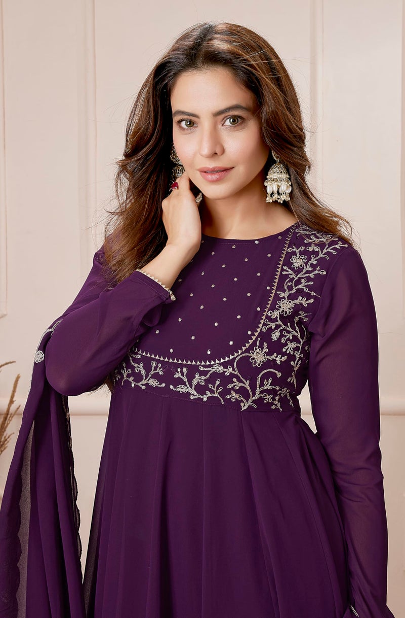 Janasya Women Georgette Embroidered Kurta with Palazzo & Dupatta Purple Color Trending Outfit - Image 5