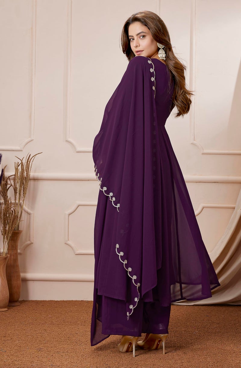 Janasya Women Georgette Embroidered Kurta with Palazzo & Dupatta Purple Color Trending Outfit - Image 4