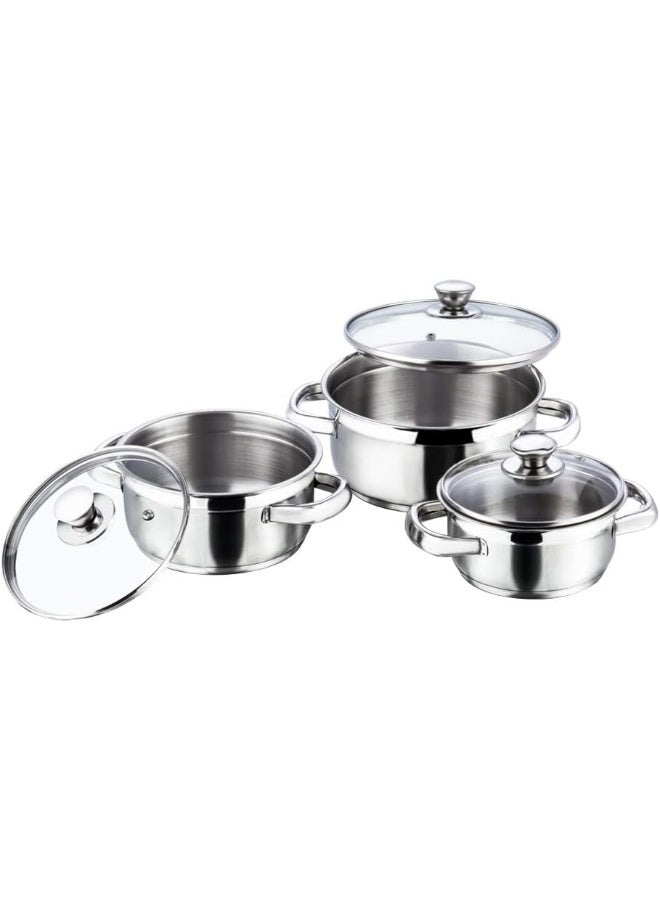 VINOD طقم قدرات فينود بريمن من الفولاذ المقاوم للصدأ 6 قطع - سعة 1 و 1.5 و 2 لتر مع 3 أغطية زجاجية| قاعدة سميكة 2.5 مم| مقبض قوي مثبت| مناسب للغاز وموقد الحث| قاعدة SAS - Image 1