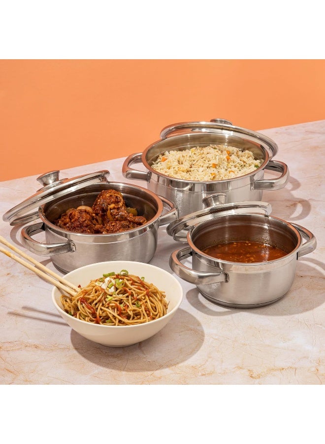 VINOD طقم قدرات فينود بريمن من الفولاذ المقاوم للصدأ 6 قطع - سعة 1 و 1.5 و 2 لتر مع 3 أغطية زجاجية| قاعدة سميكة 2.5 مم| مقبض قوي مثبت| مناسب للغاز وموقد الحث| قاعدة SAS - Image 2