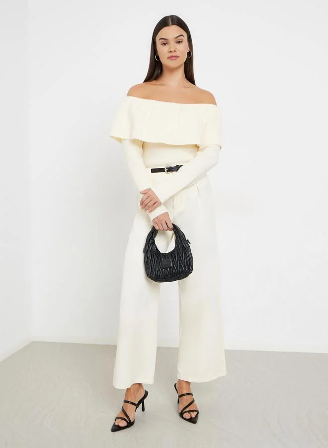 Styli Women Off White Ribbed Off Shoulder Neck Top