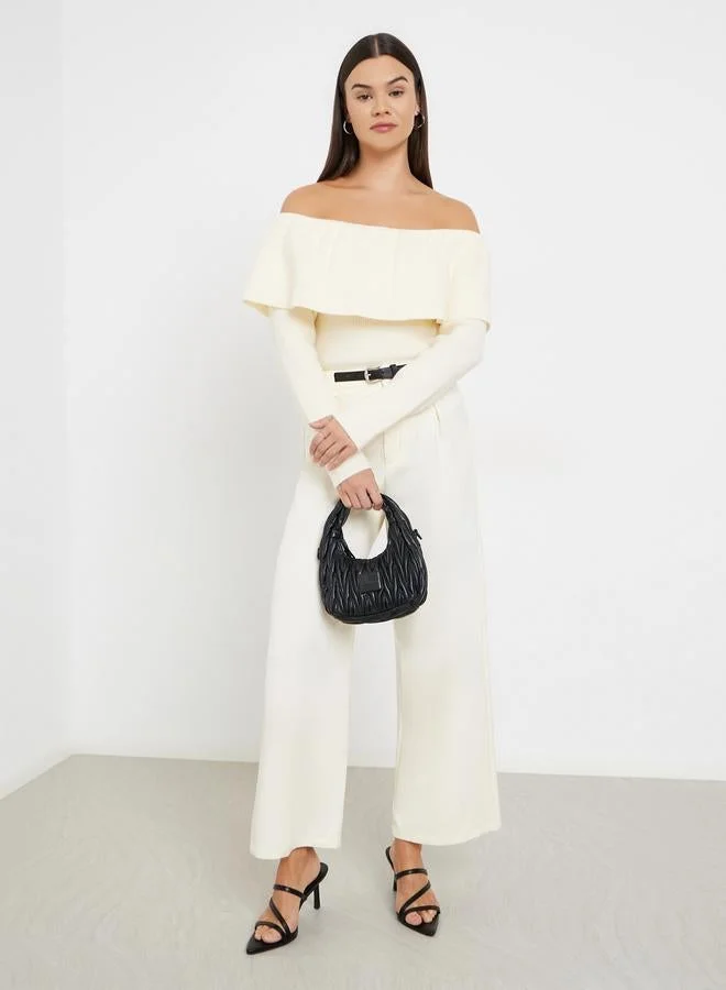 Styli Women Off White Ribbed Off Shoulder Neck Top