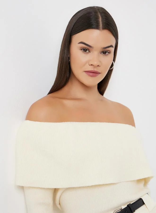 Styli Women Off White Ribbed Off Shoulder Neck Top