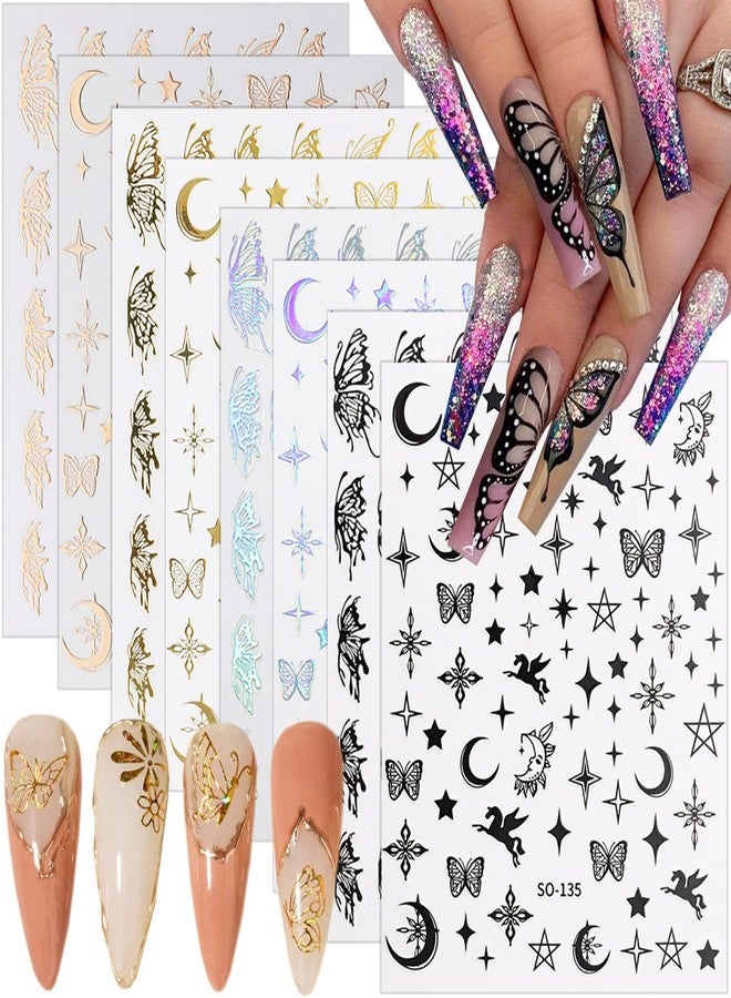 LRKNNO 8 Sheets Butterfly Nail Art Stickers, 3D Holographic Nail Design Stickers, Multicolor, Butterfly, Star, Glossy, Modern, Contemporary, Paper, Nail Decals - Image 1