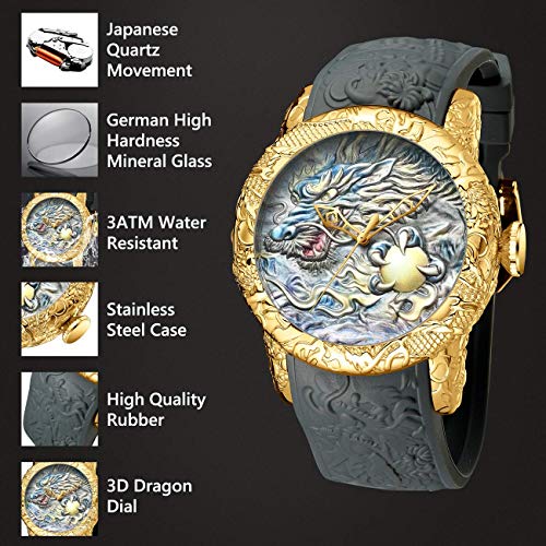 MASTOP Men's Fashion Big Dial 3D Sculpture Dragon Watches Men Quartz Watches Luxury Exquisite Creative Watch (Fashion/Grey) - Image 4