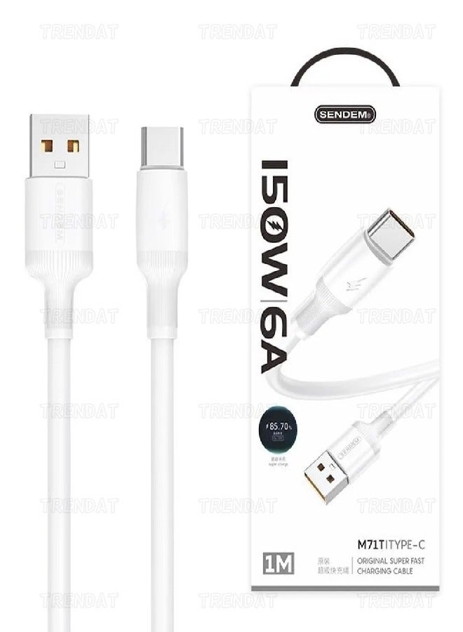 Sendem 150W - 6A USB To Type-C Fast Charging Cable Compatible With All Smartphones 1m - White - Image 1