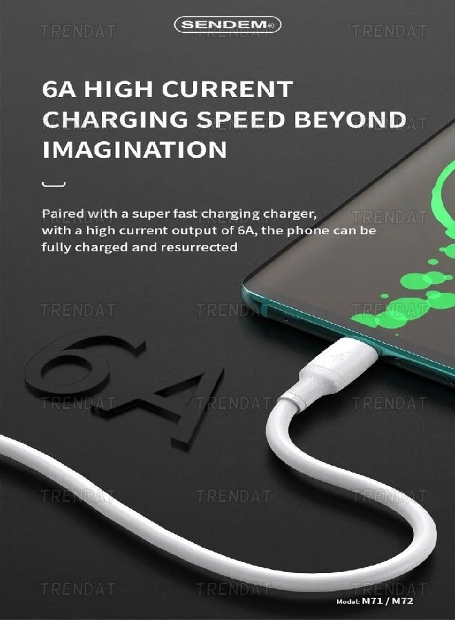 Sendem 150W - 6A USB To Type-C Fast Charging Cable Compatible With All Smartphones 1m - White - Image 2