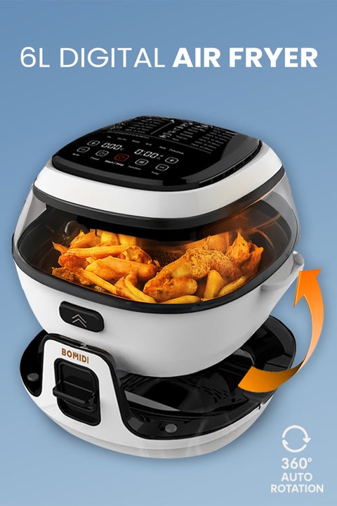 6L Multifunctional Air Fryer Cooking Pot | 360° Auto Rotation | Rapid Hot Air Circulation | Oil-Free Frying, Baking, Roasting & Grilling | Digital Touch Control | Advanced Adjustable Temperature Control | Healthier Oil-Free & Low-Fat Cooking | Sleek Top-Mounted Touch Panel for Effortless Operation | BMD-AF01-WHITE