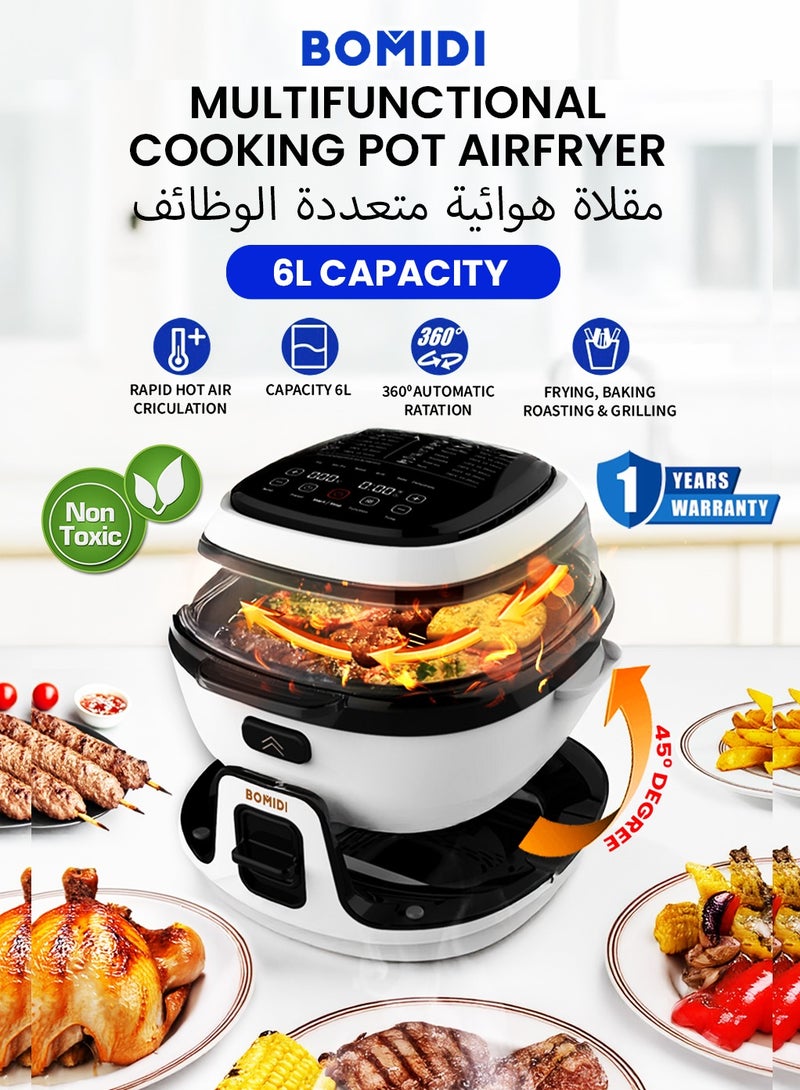 6L Multifunctional Air Fryer Cooking Pot | 360° Auto Rotation | Rapid Hot Air Circulation | Oil-Free Frying, Baking, Roasting & Grilling | Digital Touch Control | Advanced Adjustable Temperature Control | Healthier Oil-Free & Low-Fat Cooking | Sleek Top-Mounted Touch Panel for Effortless Operation | BMD-AF01-WHITE
