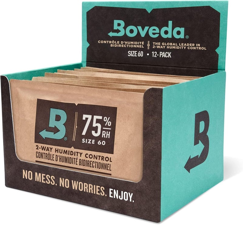 Boveda 75% حزم التحكم في الرطوبة ثنائية الاتجاه - الحجم 60 - 12 حزمة - إصلاح فقدان الرطوبة الكبير / انخفاض RH في المرطب غير البلاستيكي - ماصات الرطوبة - عبوات ترطيب مغلفة بشكل فردي - Image 1