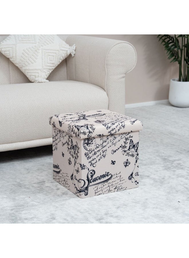 DANUBE HOME Pattern Folding Storage Ottoman | Multi-Functional Stool | Upholstered Footrest With Storage L38xW38xH37.5cm -Beige - Image 1