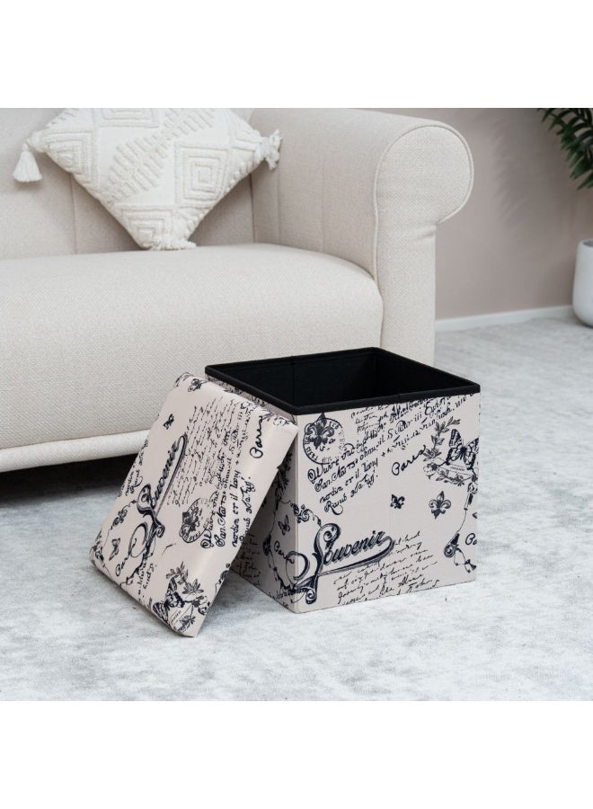 DANUBE HOME Pattern Folding Storage Ottoman | Multi-Functional Stool | Upholstered Footrest With Storage L38xW38xH37.5cm -Beige - Image 2