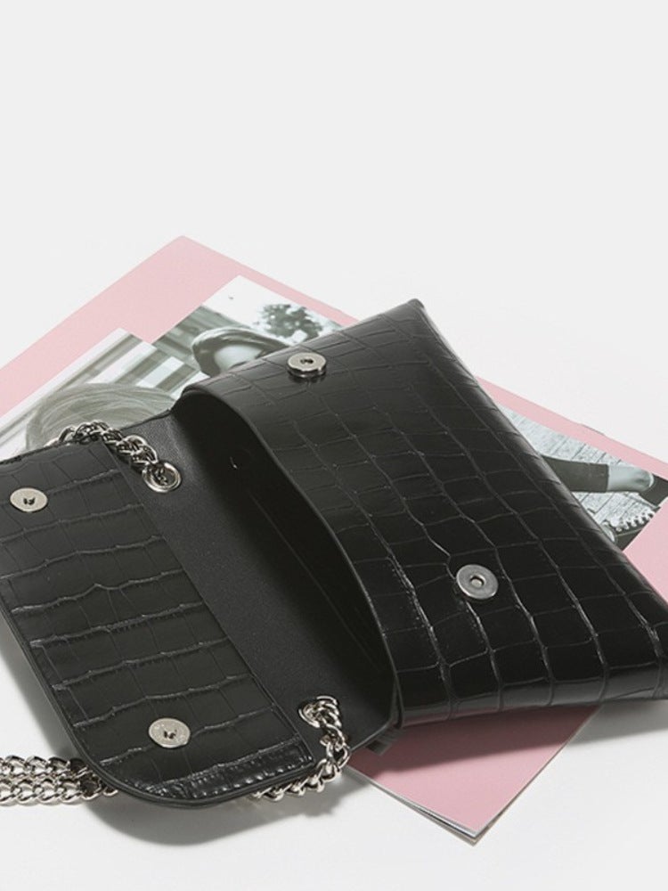 Advanced Style Pure Black Crocodile Pattern Chain Bag Textured Underarm Bag All-Match Handbag Shoulder Bag - Image 5