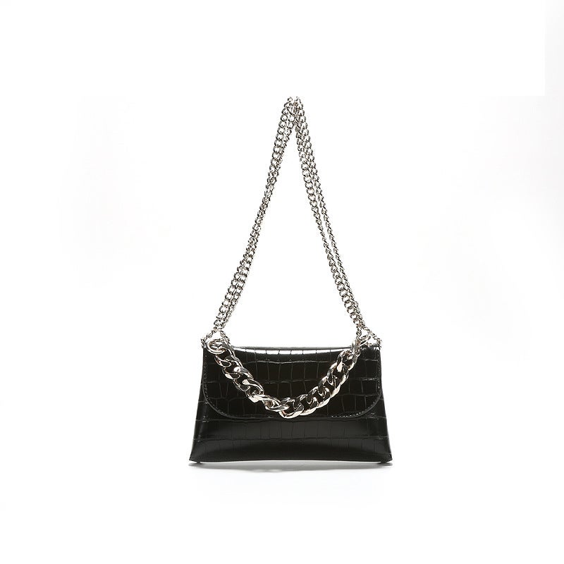 Advanced Style Pure Black Crocodile Pattern Chain Bag Textured Underarm Bag All-Match Handbag Shoulder Bag - Image 1