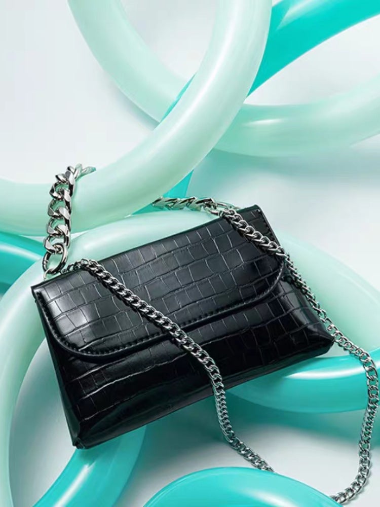 Advanced Style Pure Black Crocodile Pattern Chain Bag Textured Underarm Bag All-Match Handbag Shoulder Bag - Image 2