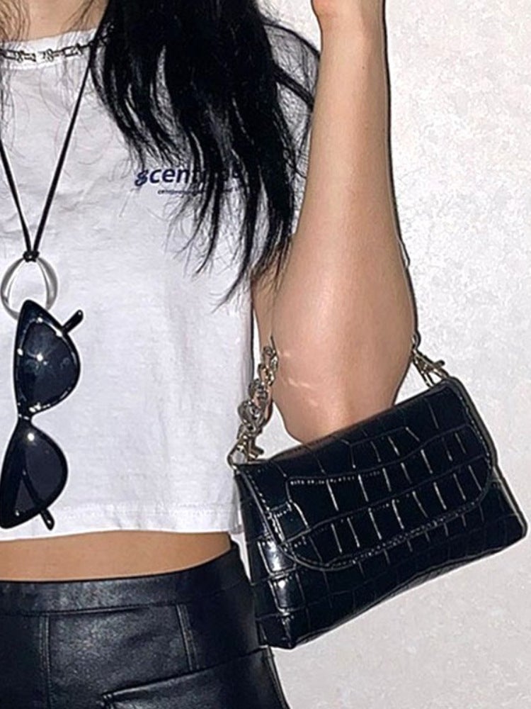 Advanced Style Pure Black Crocodile Pattern Chain Bag Textured Underarm Bag All-Match Handbag Shoulder Bag - Image 3