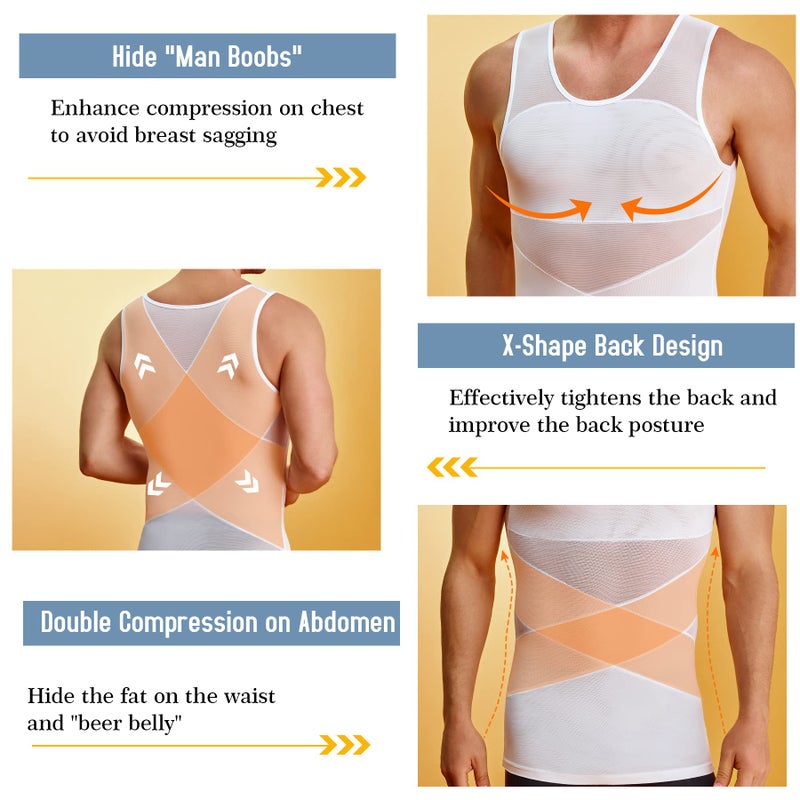 TAILONG Men's Compression Shirt for Body Shaper Slimming Vest Tight Tummy Underwear Tank Top (White, X-Large) - Image 3
