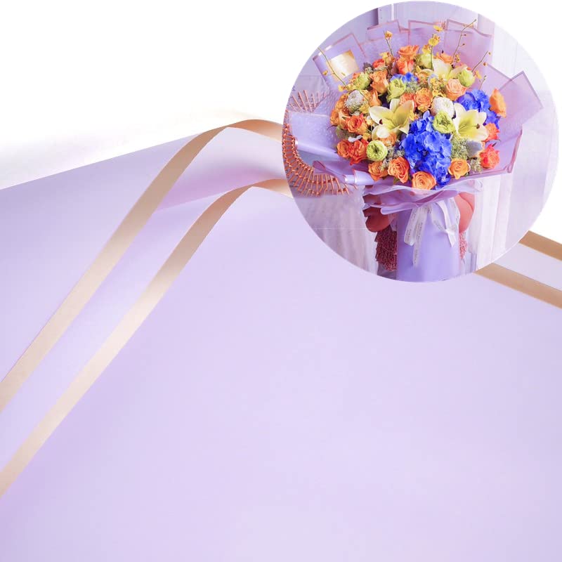 20 Sheets Pure color gold edge Flower Wrapping PaperFlorist Bouquet SuppliesDIY CraftsGift Packaging or Gift Box Packaging Wraps Waterproof Floral Wrapping Paper 228x228Inch Light purple
