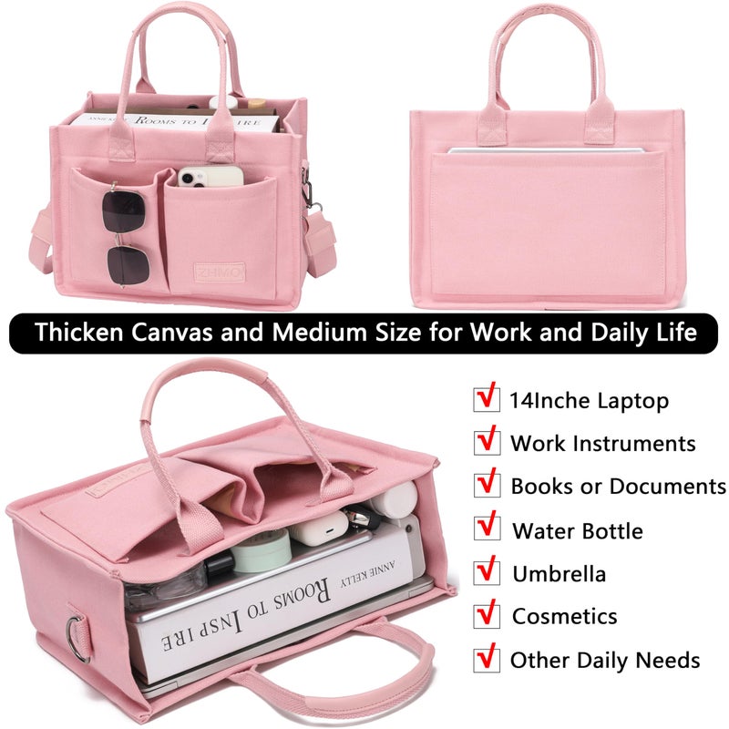 ZHMO Canvas Tote Bag for Women With Compartments and Pockets,Pink Women's Bags Crossbody Bags Work Laptop Tote Bag Large Satchels Handbag Tote Purse Everyday Shoulder Bag for Travel Nurse Teacher Gift - Image 4